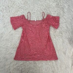 Womens Coral Pink Floral Sheer Swim Cover Boho Tunic Dress Cold Shoulder Size XL